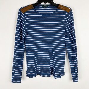 Lauren Ralph Lauren Womens Blue Striped Ribbed Top Faux Suede Zipper Shoulder L